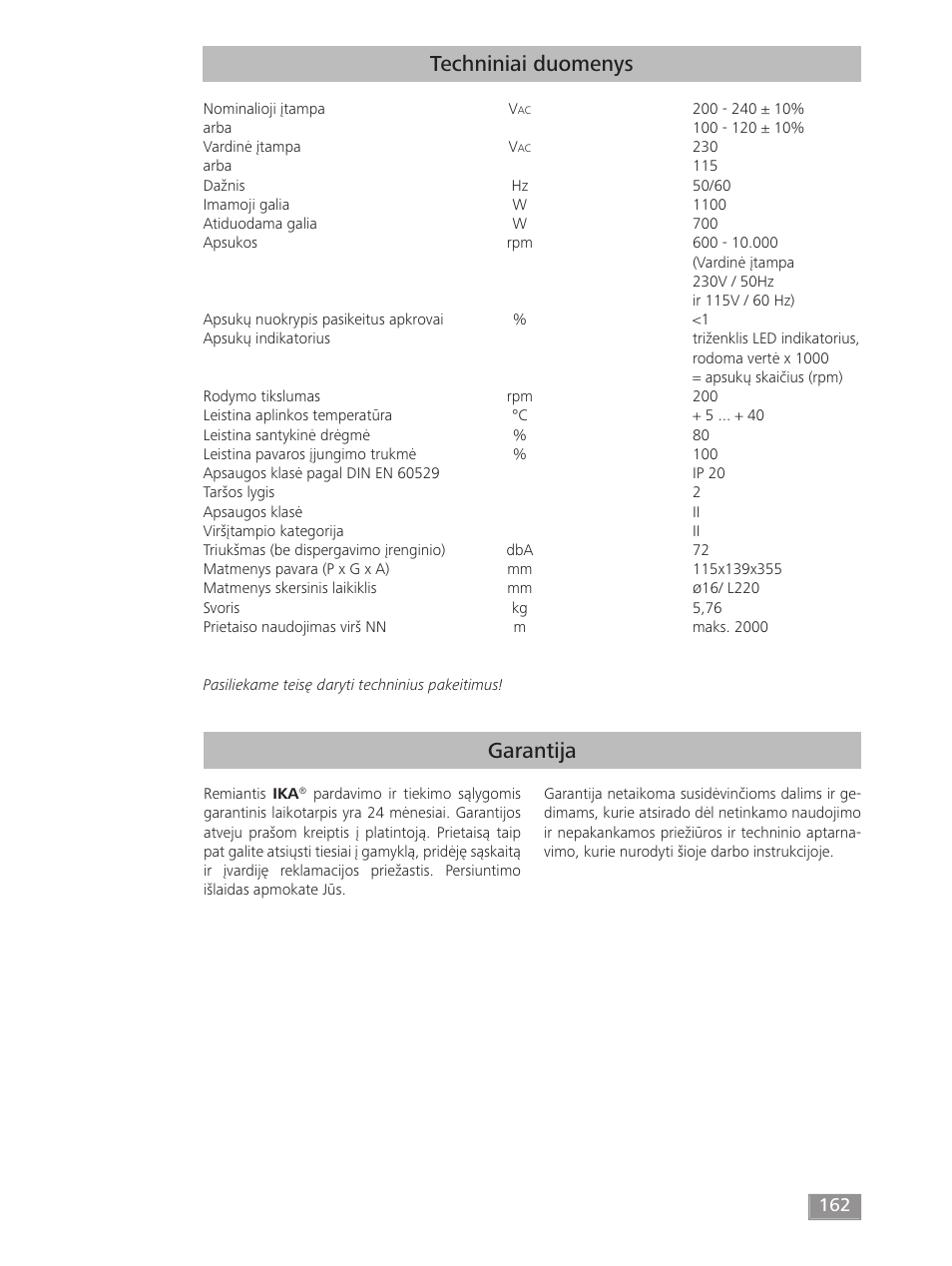 Garantija techniniai duomenys | IKA T 50 digital ULTRA-TURRAX User Manual | Page 162 / 188