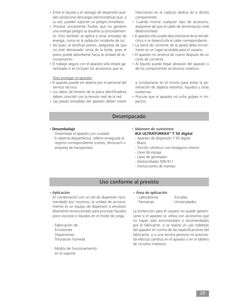 Desempacado, Uso conforme al previsto | IKA T 50 digital ULTRA-TURRAX User Manual | Page 29 / 188