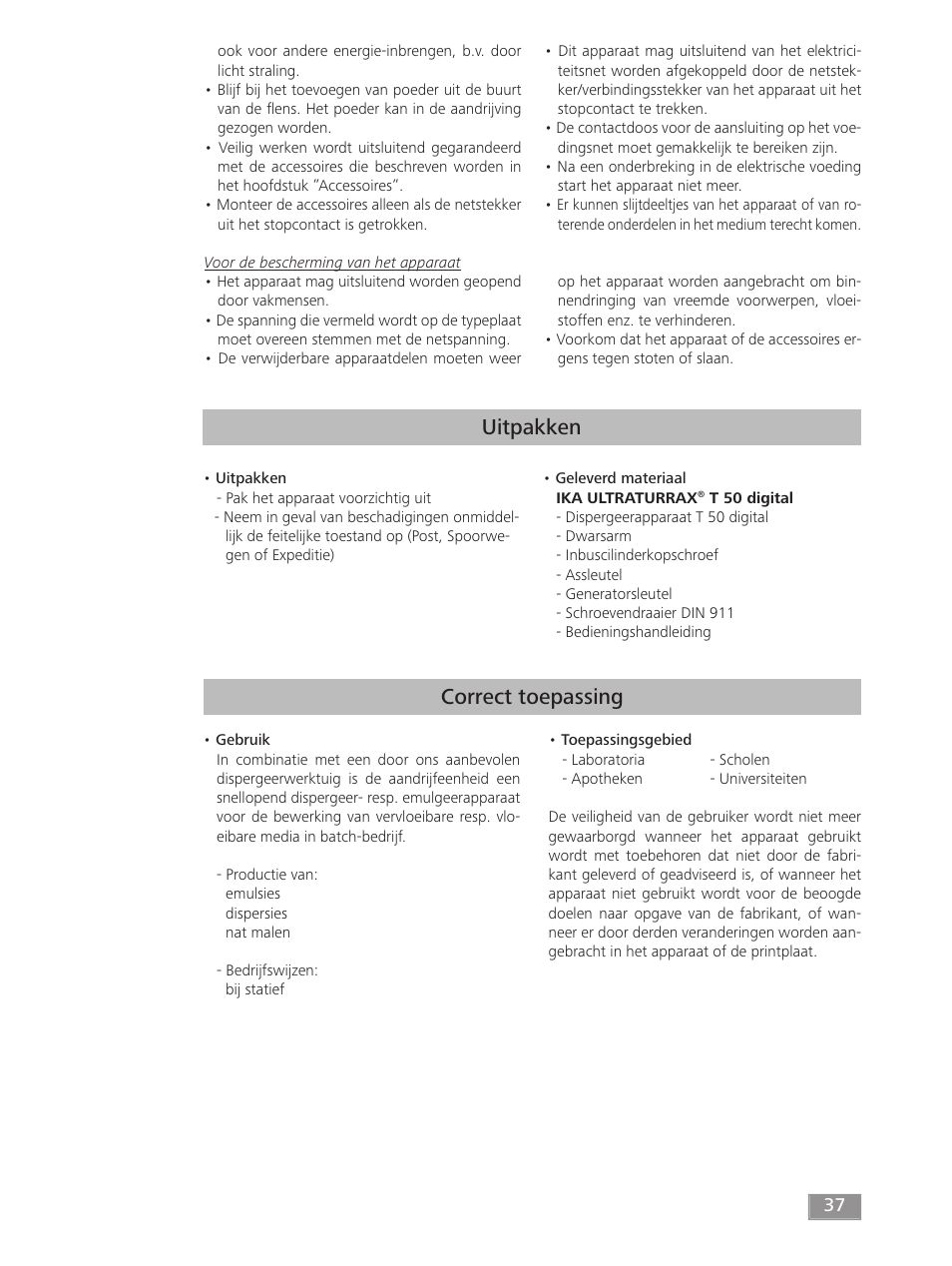 Uitpakken, Correct toepassing | IKA T 50 digital ULTRA-TURRAX User Manual | Page 37 / 188