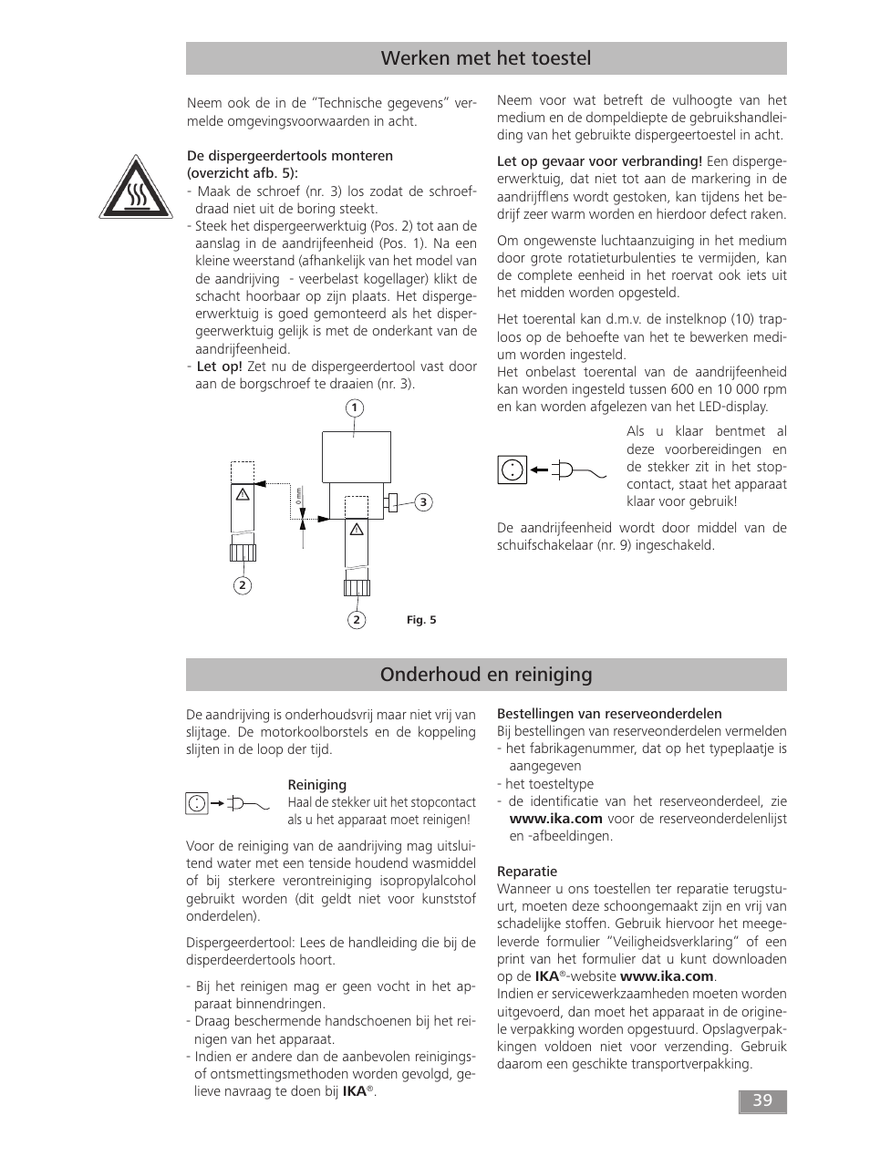 Werken met het toestel, Onderhoud en reiniging | IKA T 50 digital ULTRA-TURRAX User Manual | Page 39 / 188