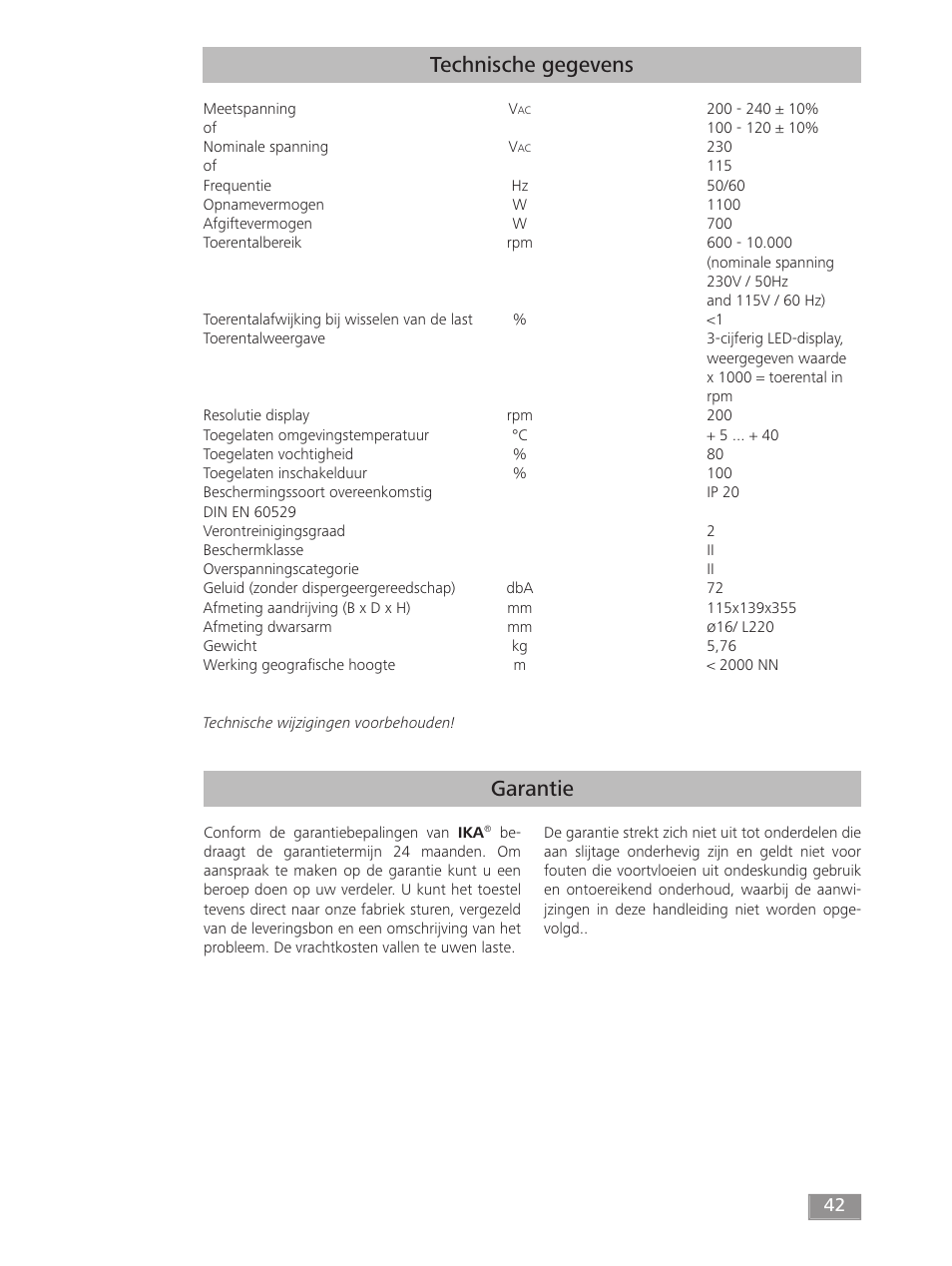 Garantie technische gegevens | IKA T 50 digital ULTRA-TURRAX User Manual | Page 42 / 188