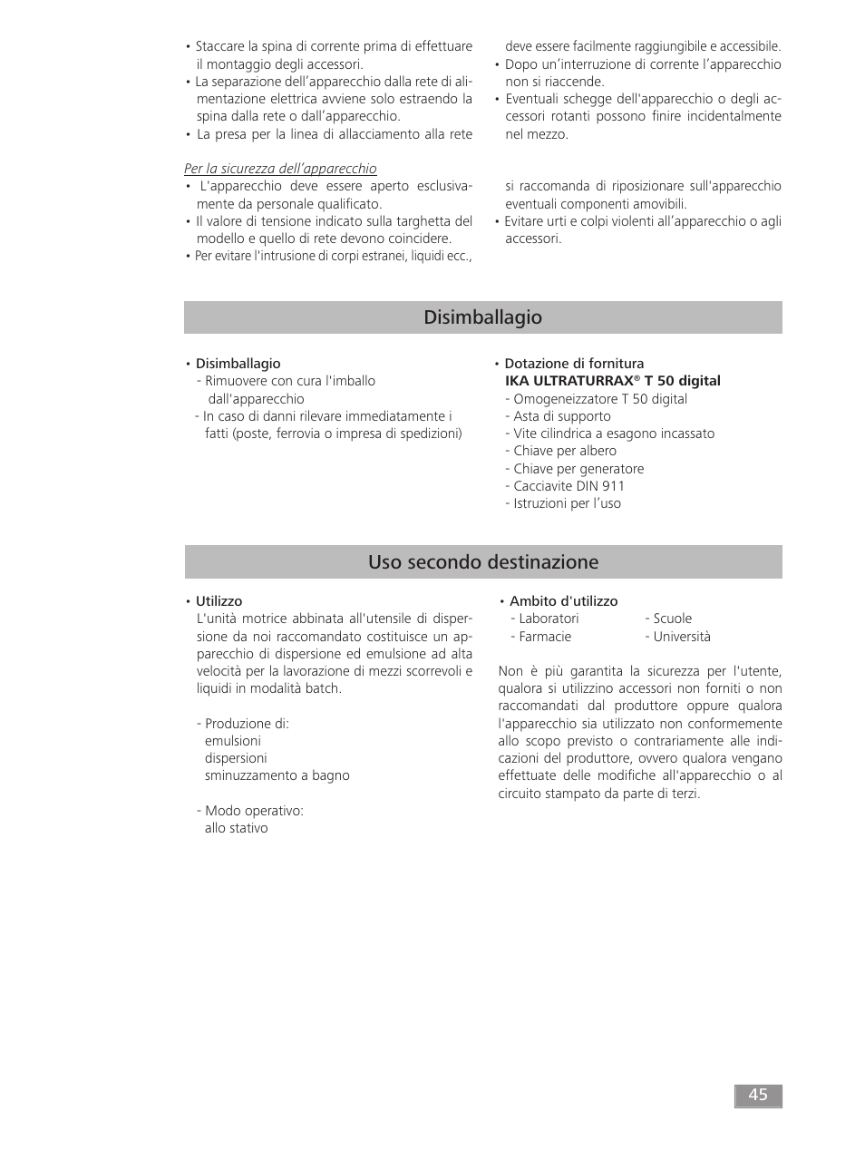 Disimballagio, Uso secondo destinazione | IKA T 50 digital ULTRA-TURRAX User Manual | Page 45 / 188