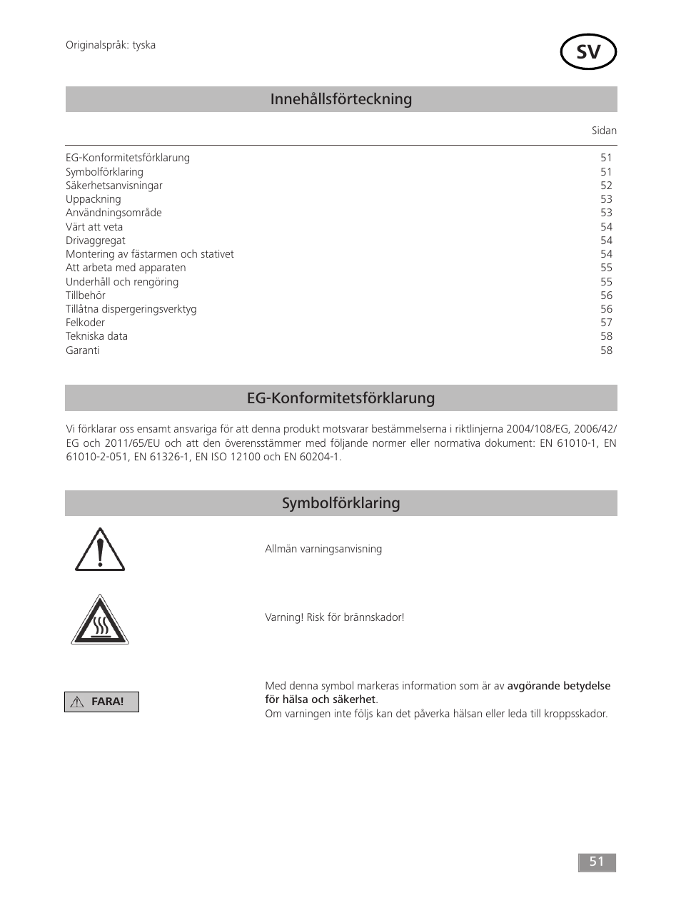 Innehållsförteckning, Eg-konformitetsförklarung symbolförklaring | IKA T 50 digital ULTRA-TURRAX User Manual | Page 51 / 188