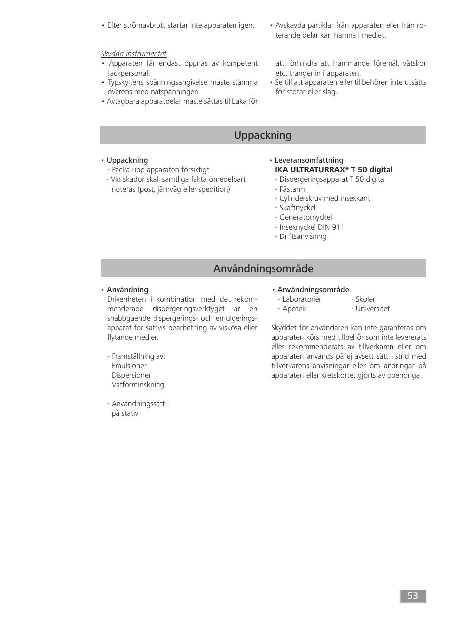 Uppackning, Användningsområde | IKA T 50 digital ULTRA-TURRAX User Manual | Page 53 / 188
