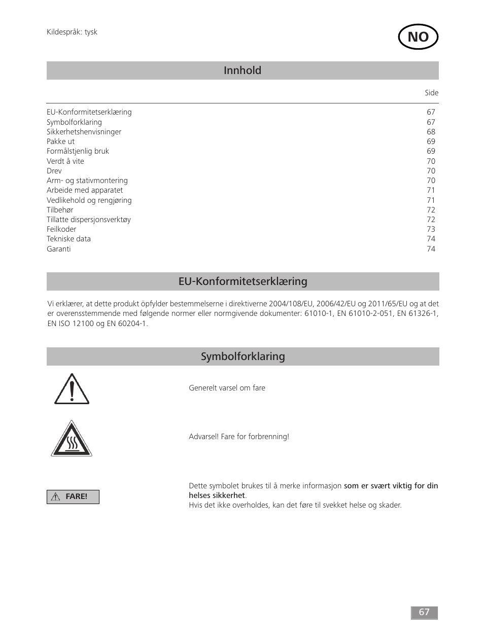 Innhold, Eu-konformitetserklæring symbolforklaring | IKA T 50 digital ULTRA-TURRAX User Manual | Page 67 / 188