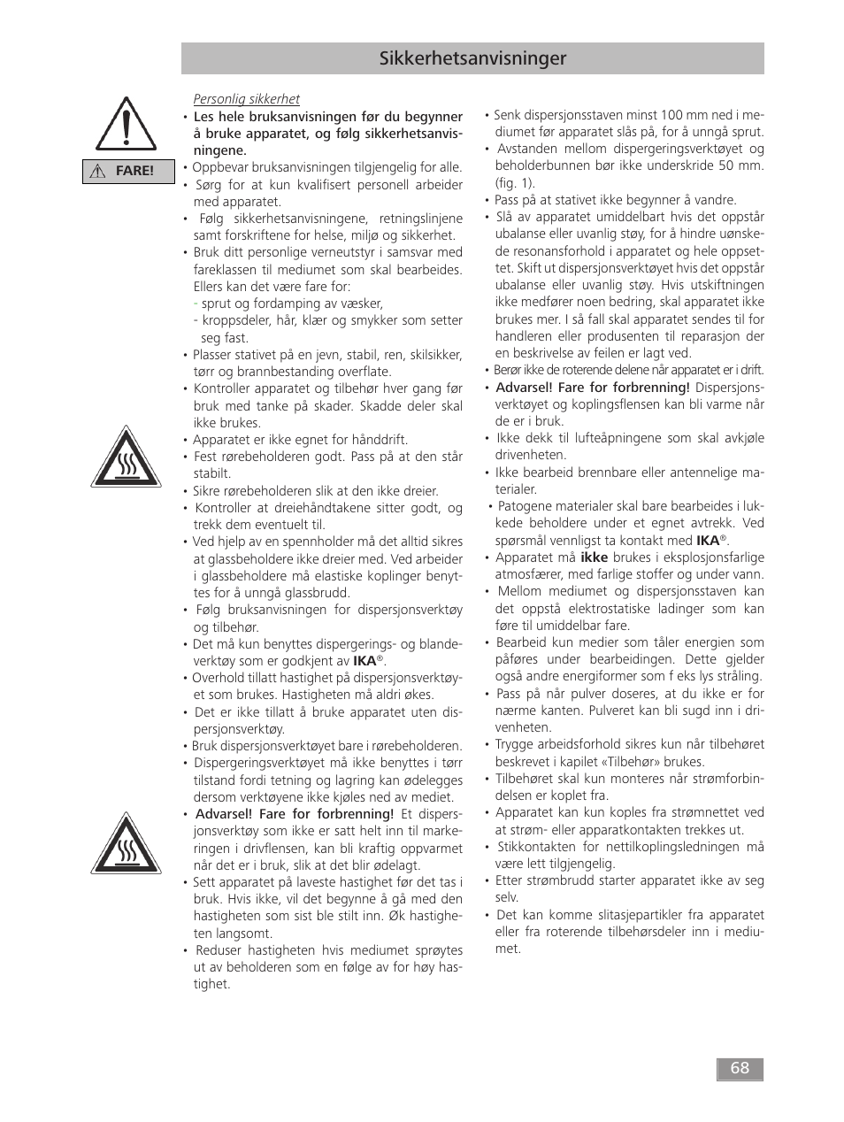 Sikkerhetsanvisninger | IKA T 50 digital ULTRA-TURRAX User Manual | Page 68 / 188
