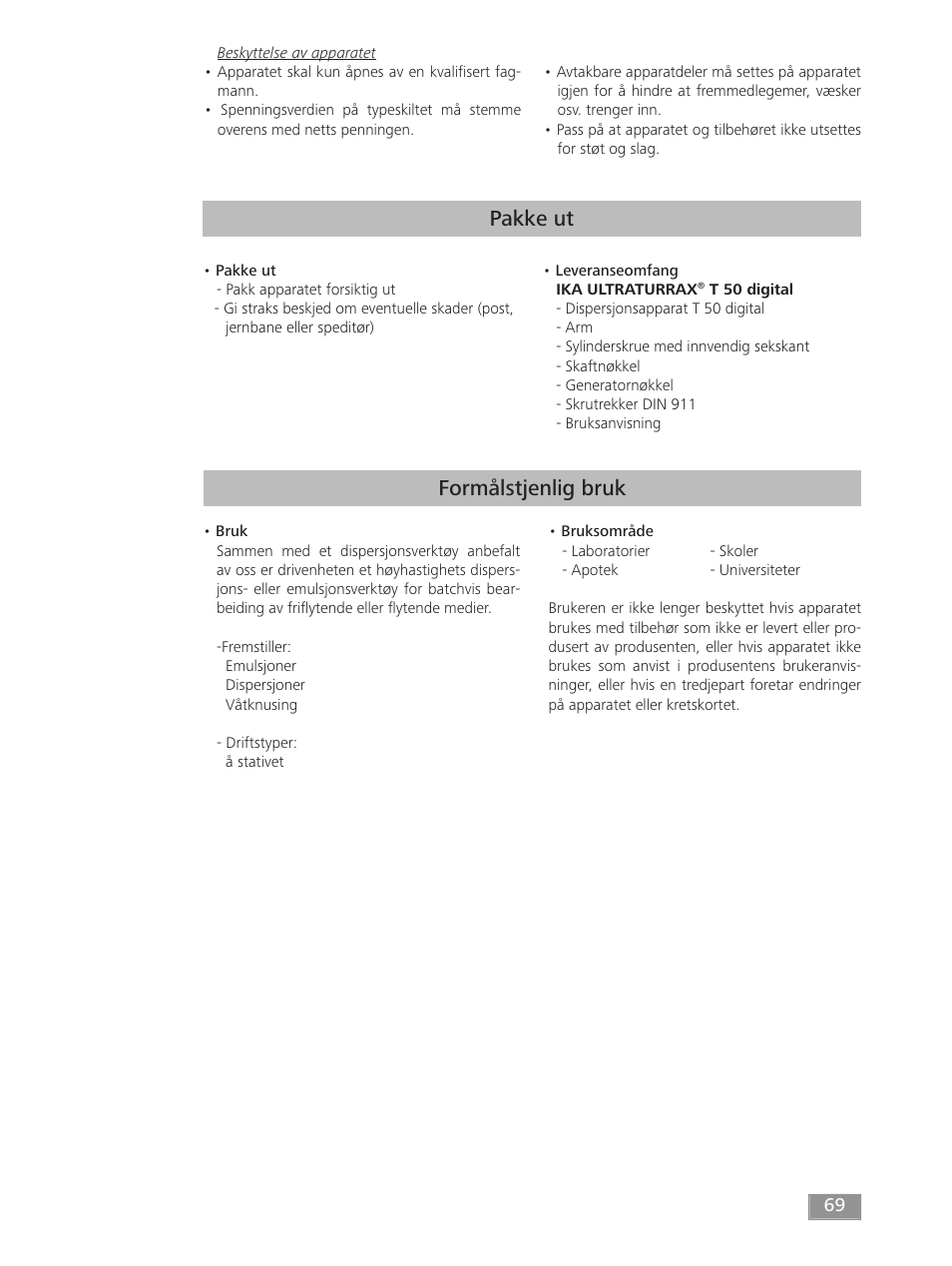Pakke ut, Formålstjenlig bruk | IKA T 50 digital ULTRA-TURRAX User Manual | Page 69 / 188
