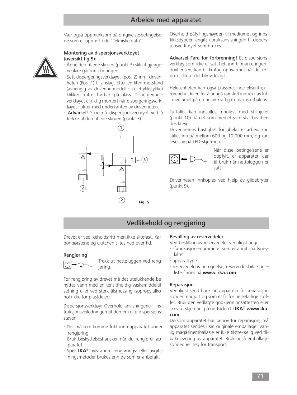 Arbeide med apparatet, Vedlikehold og rengjøring | IKA T 50 digital ULTRA-TURRAX User Manual | Page 71 / 188