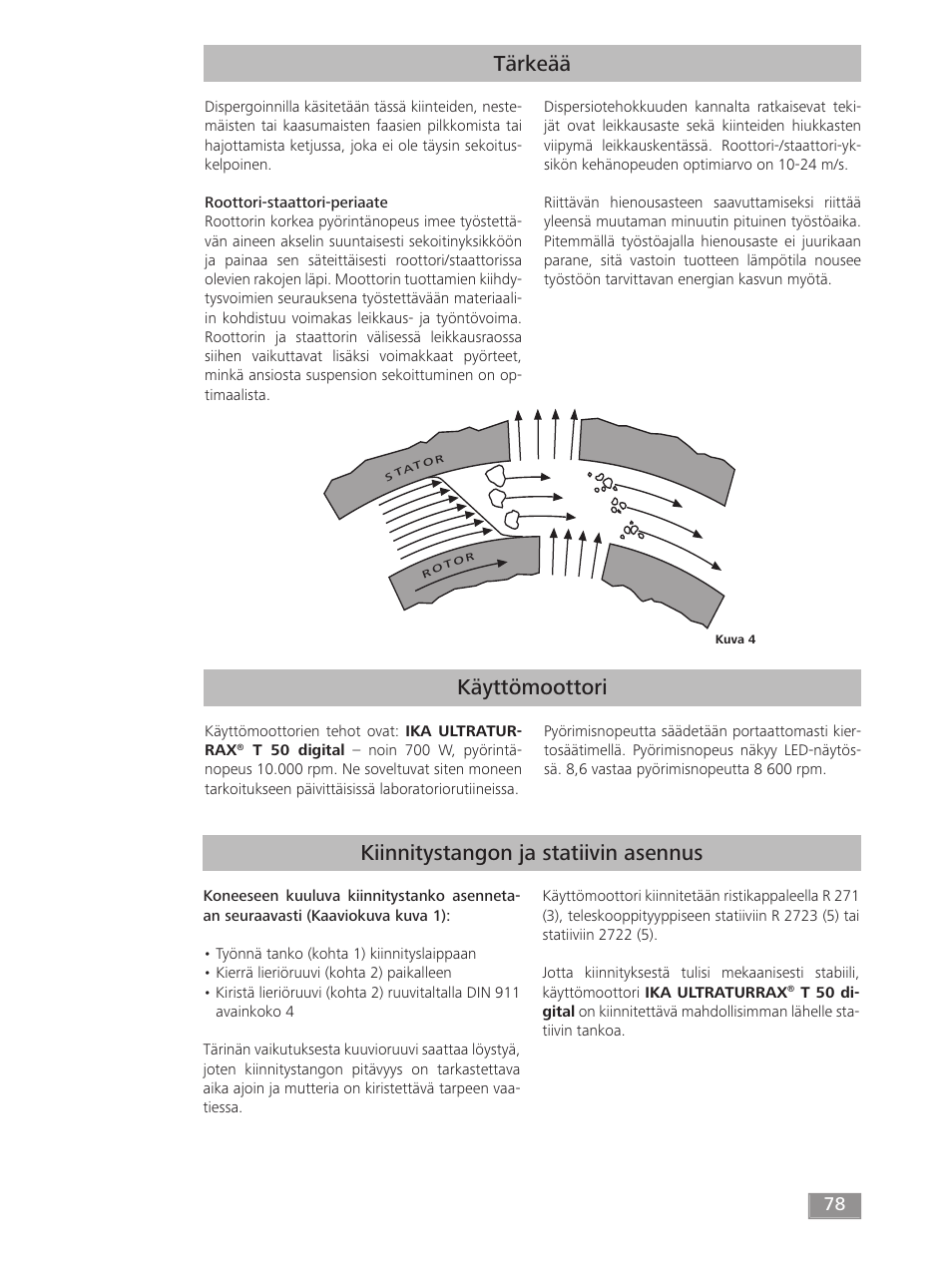 Käyttömoottori tärkeää, Kiinnitystangon ja statiivin asennus | IKA T 50 digital ULTRA-TURRAX User Manual | Page 78 / 188
