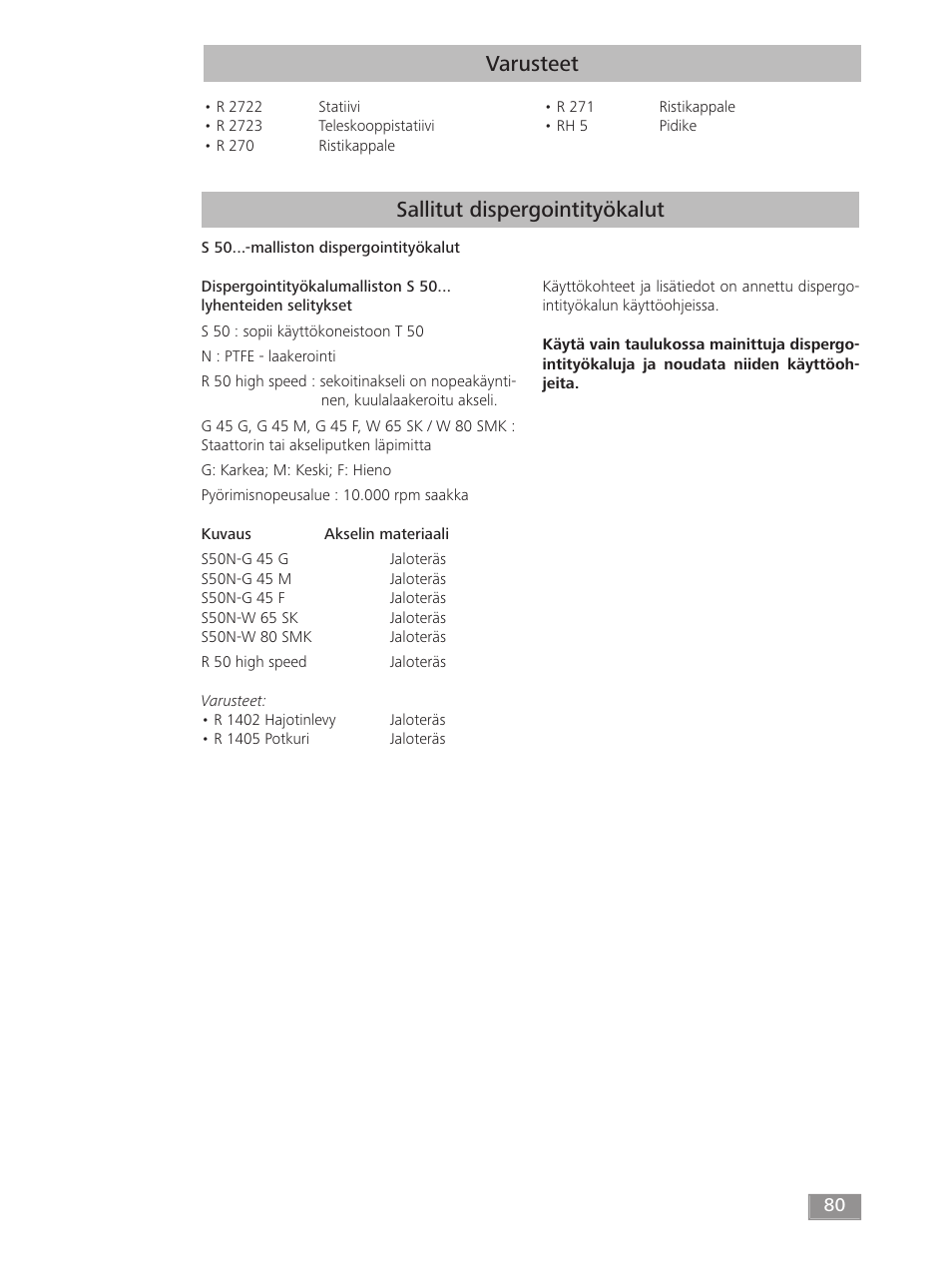 Varusteet, Sallitut dispergointityökalut | IKA T 50 digital ULTRA-TURRAX User Manual | Page 80 / 188