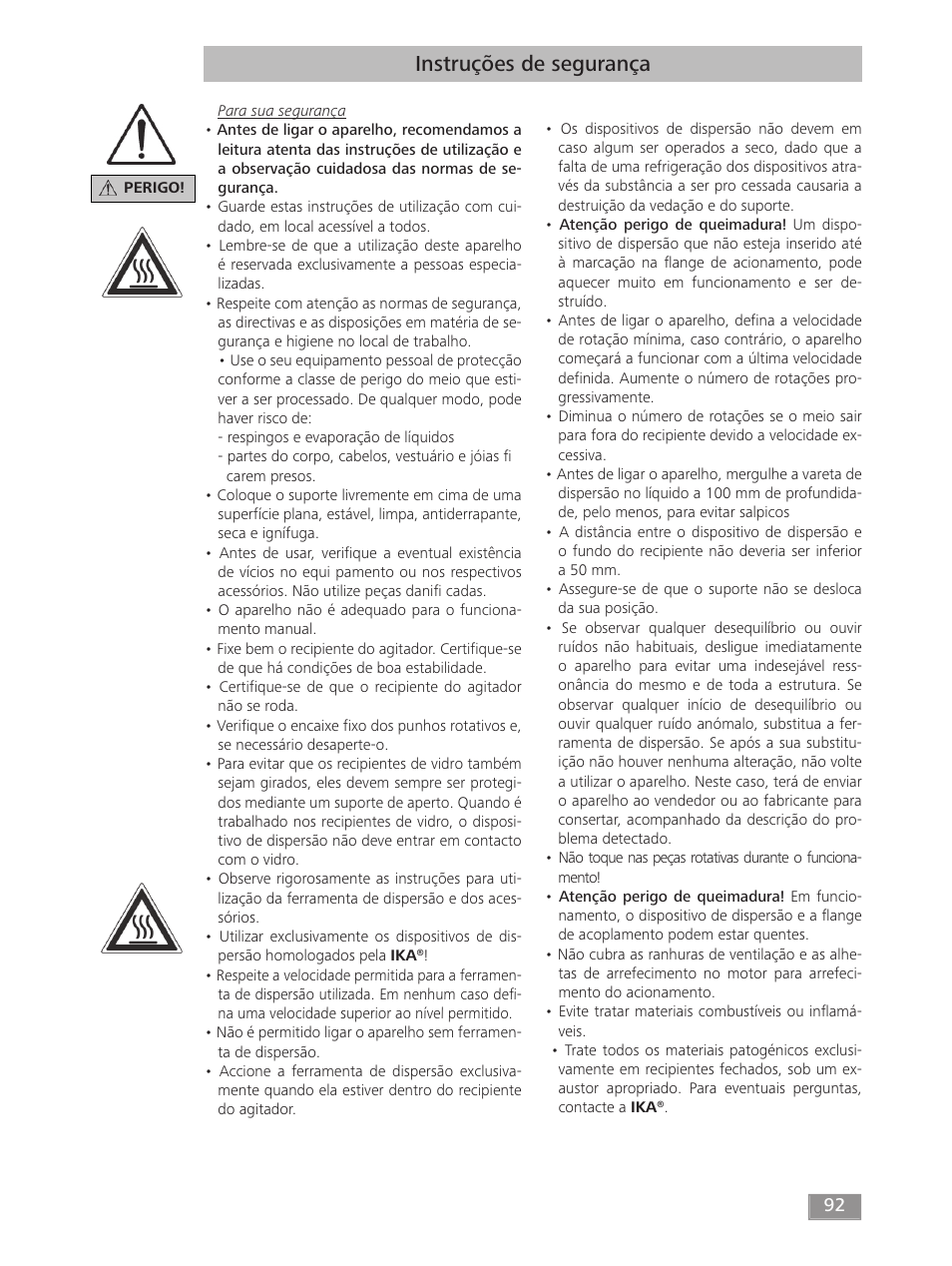 Instruções de segurança | IKA T 50 digital ULTRA-TURRAX User Manual | Page 92 / 188