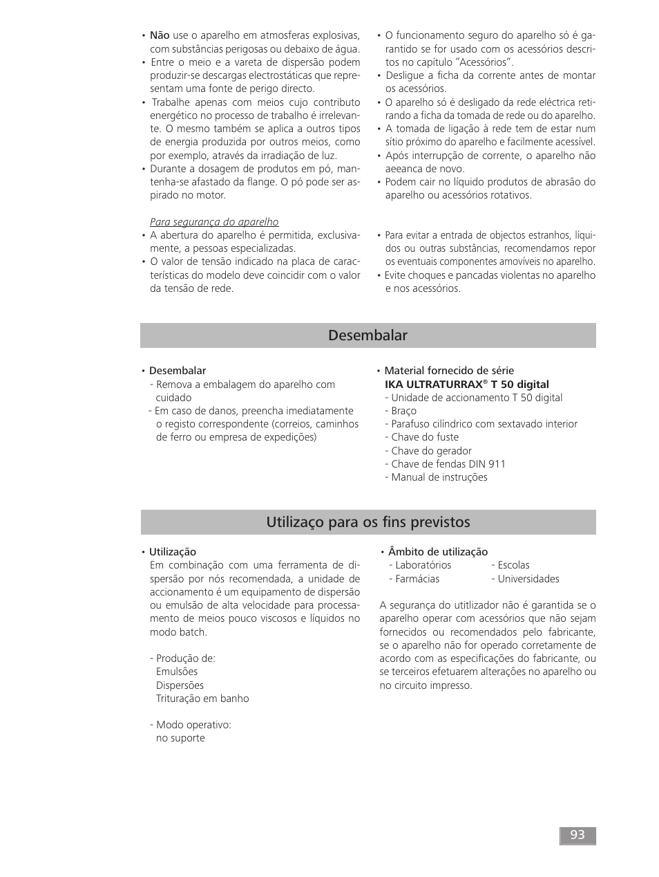 Desembalar, Utilizaço para os ﬁ ns previstos | IKA T 50 digital ULTRA-TURRAX User Manual | Page 93 / 188