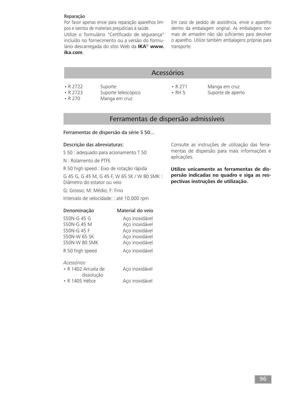 Acessórios, Ferramentas de dispersão admissíveis | IKA T 50 digital ULTRA-TURRAX User Manual | Page 96 / 188