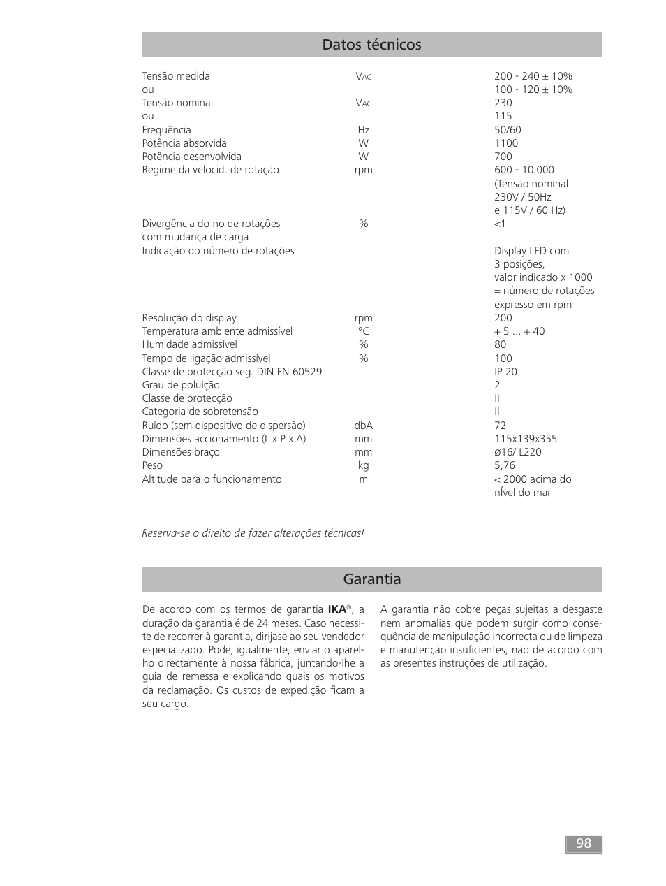 Garantia datos técnicos | IKA T 50 digital ULTRA-TURRAX User Manual | Page 98 / 188