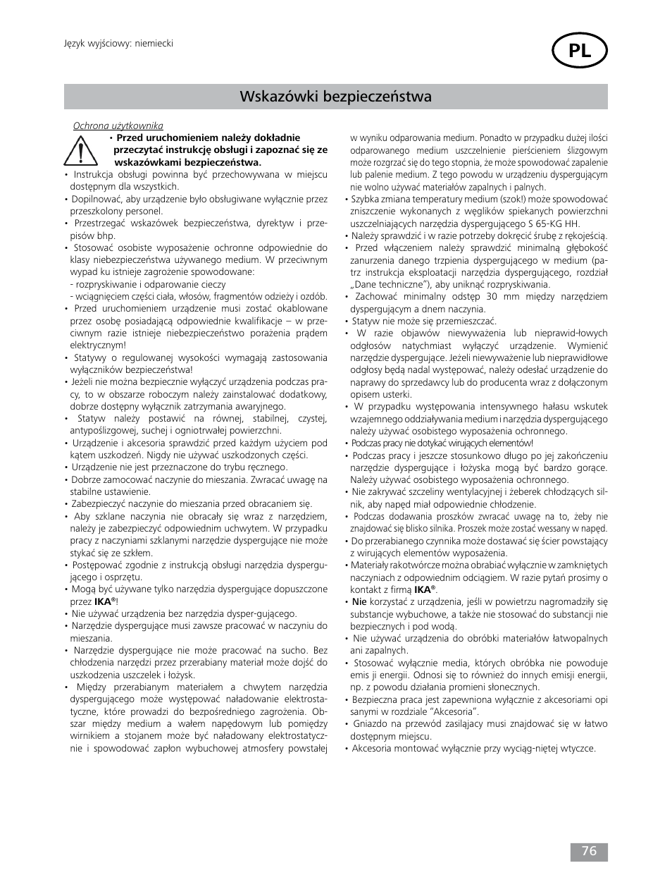 Wskazówki bezpieczeństwa | IKA T 65 digital ULTRA-TURRAX User Manual | Page 76 / 100