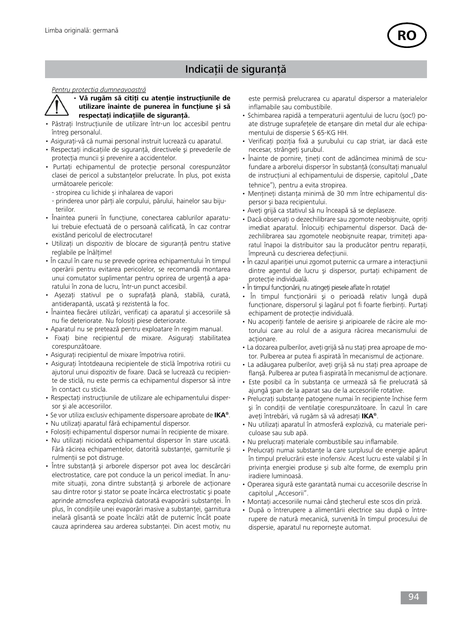 Indicaţii de siguranţă | IKA T 65 digital ULTRA-TURRAX User Manual | Page 94 / 100