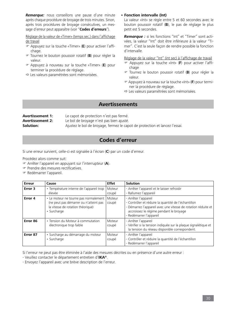 Avertissements, Codes d’erreur | IKA Tube Mill control User Manual | Page 30 / 64