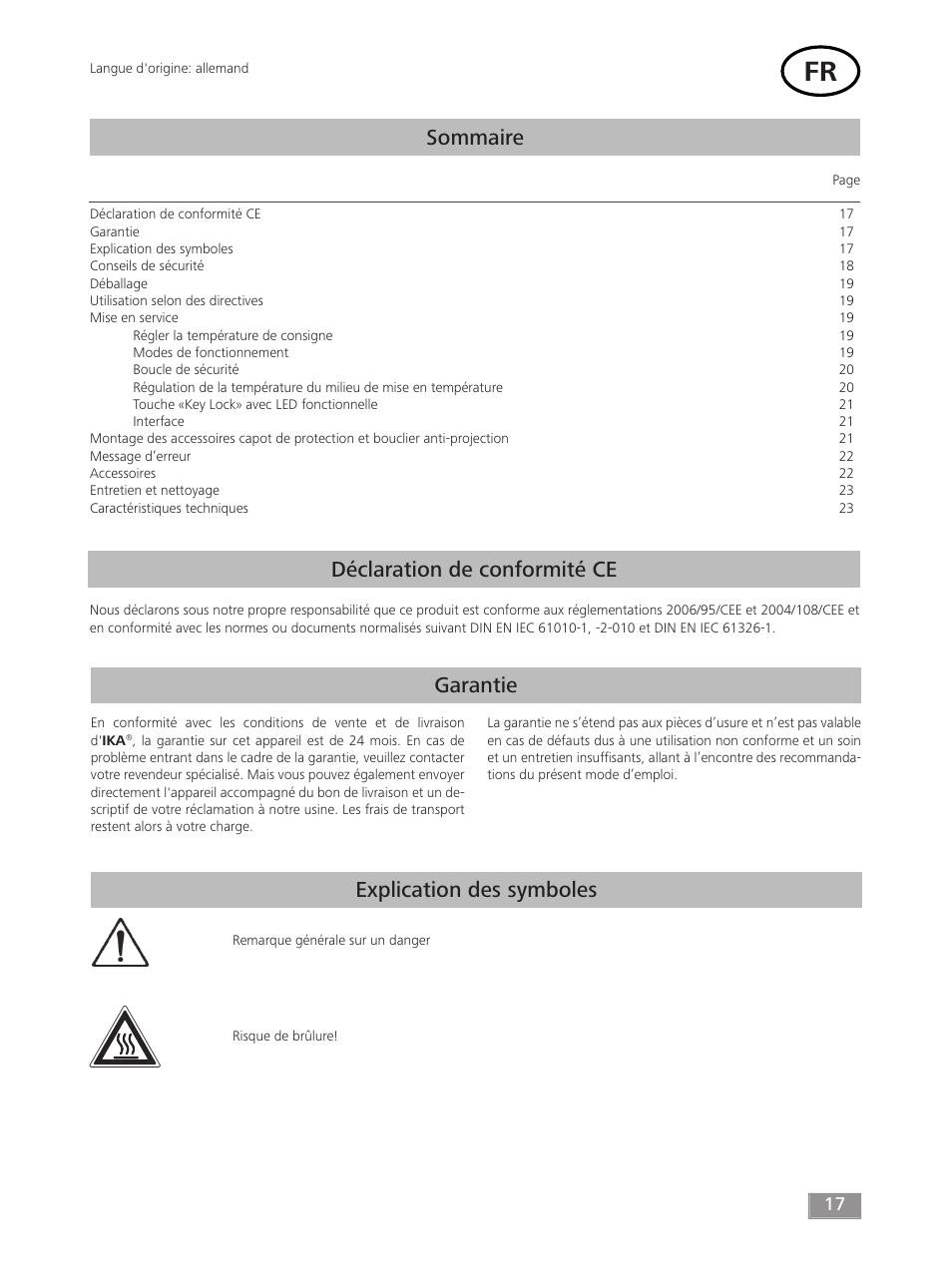 Sommaire, Garantie | IKA HB 10 User Manual | Page 17 / 52