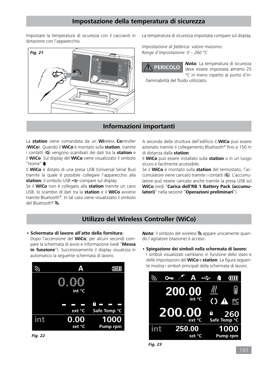 Impostazione della temperatura di sicurezza, Informazioni importanti, Utilizzo del wireless controller (wico) | IKA HBC 10 control User Manual | Page 143 / 232