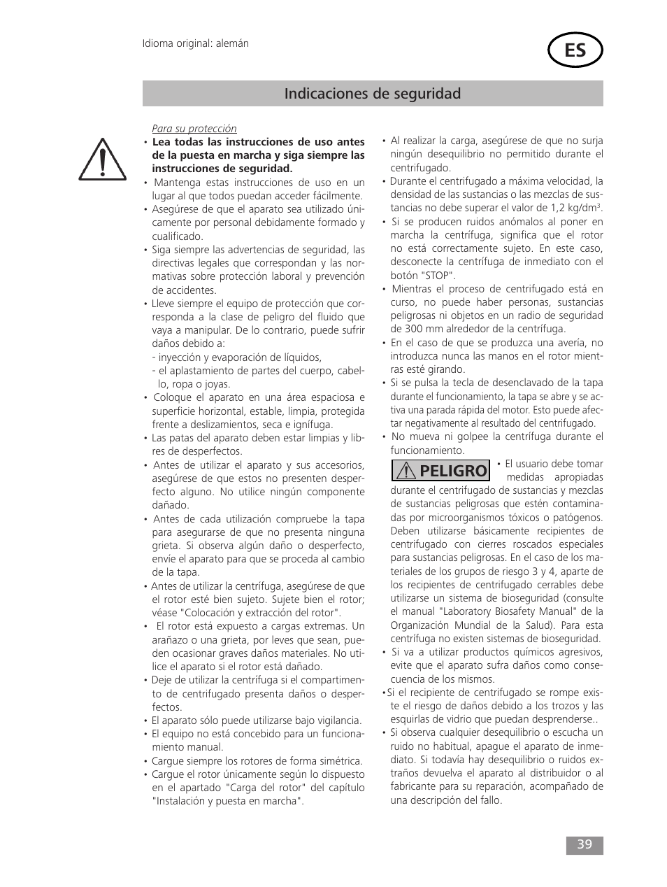 Peligro, Indicaciones de seguridad | IKA mini G User Manual | Page 39 / 72