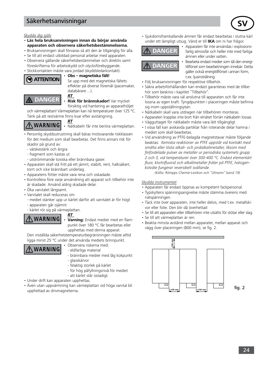 Säkerhetsanvisningar, Danger warning warning warning danger danger, Attention | IKA RO 15 User Manual | Page 24 / 40