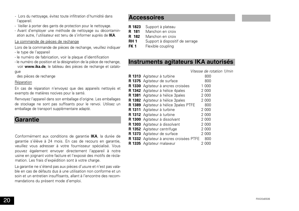 Garantie, Accessoires instruments agitateurs ika autorisés | IKA RW 20 digital User Manual | Page 20 / 28