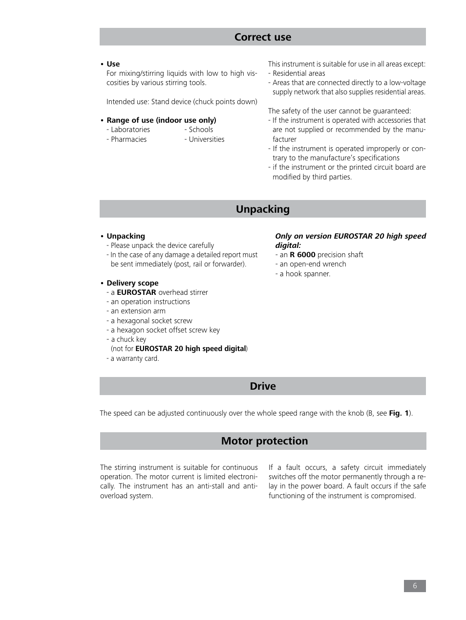 Unpacking, Drive, Motor protection | Correct use | IKA EUROSTAR 100 digital User Manual | Page 6 / 13