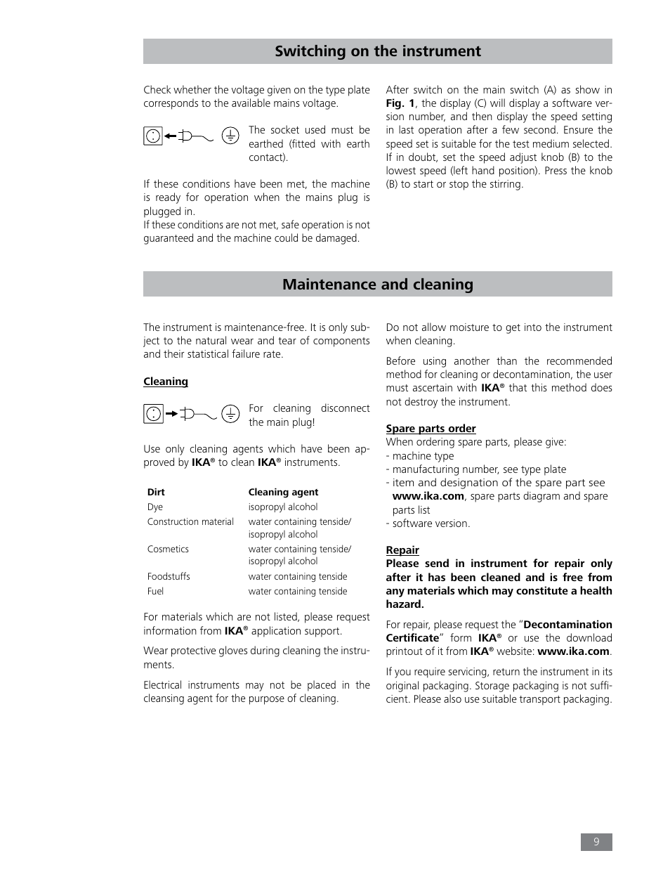 Switching on the instrument, Maintenance and cleaning | IKA EUROSTAR 100 digital User Manual | Page 9 / 13