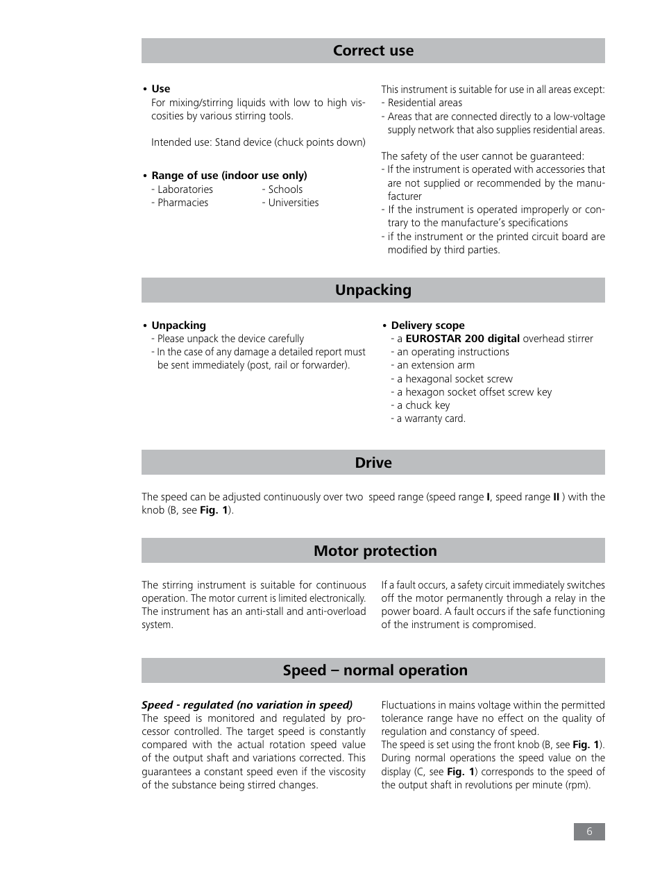 Unpacking, Drive, Motor protection | Speed – normal operation, Correct use | IKA EUROSTAR 200 digital User Manual | Page 6 / 12