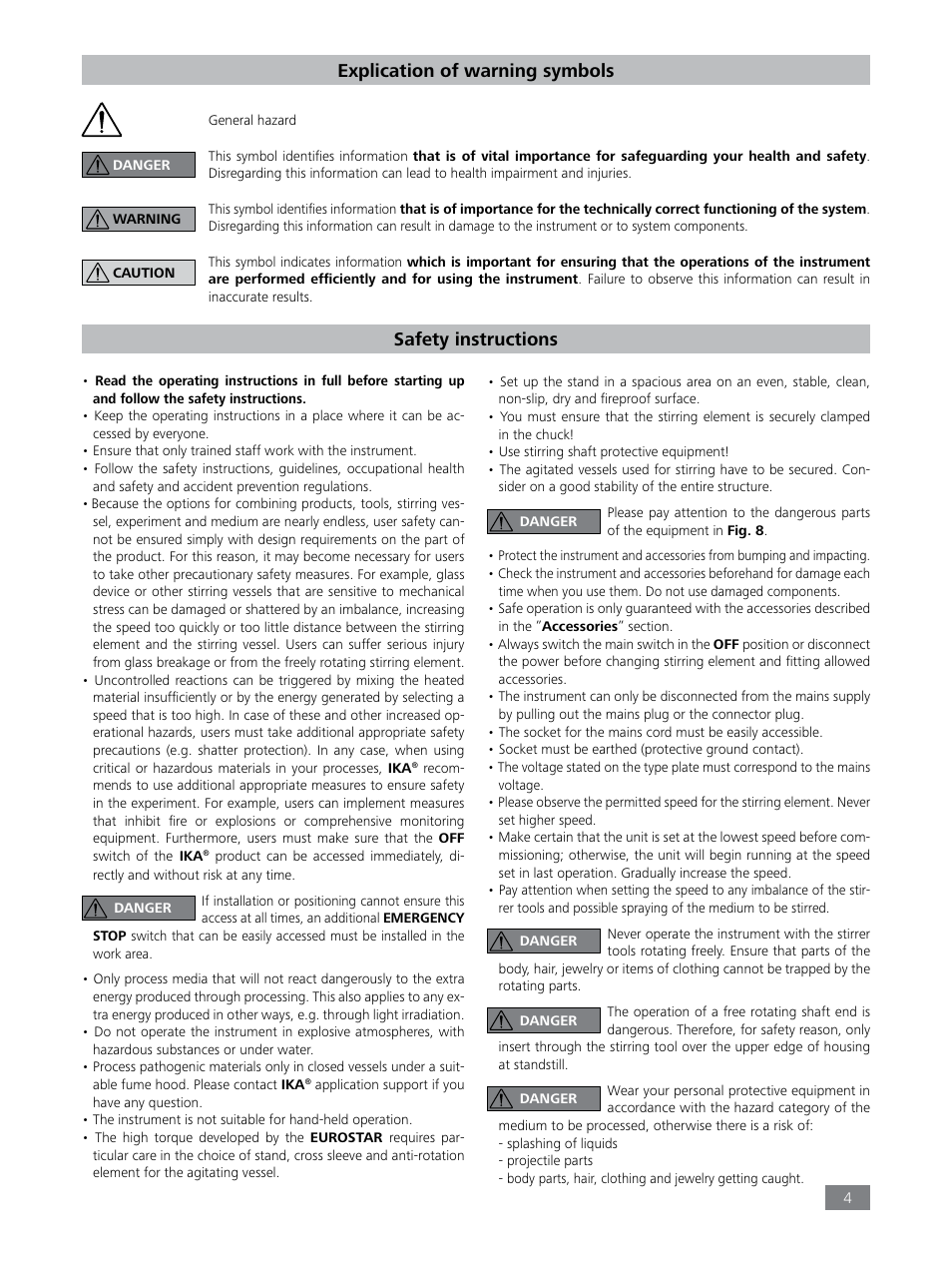 Explication of warning symbols, Safety instructions | IKA EUROSTAR 200 control P4 User Manual | Page 4 / 18
