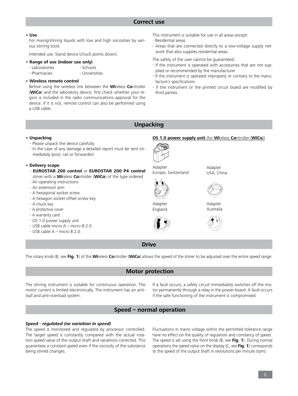 Unpacking, Correct use, Drive | Motor protection, Speed – normal operation | IKA EUROSTAR 200 control P4 User Manual | Page 6 / 18