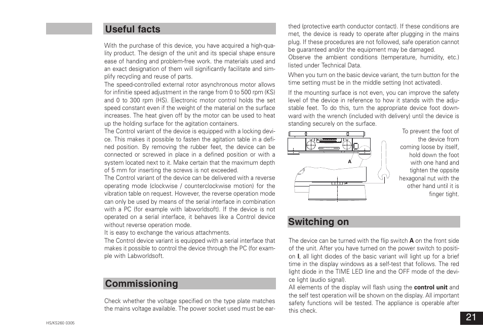 Useful facts commissioning, Switching on | IKA KS 260 control User Manual | Page 21 / 56