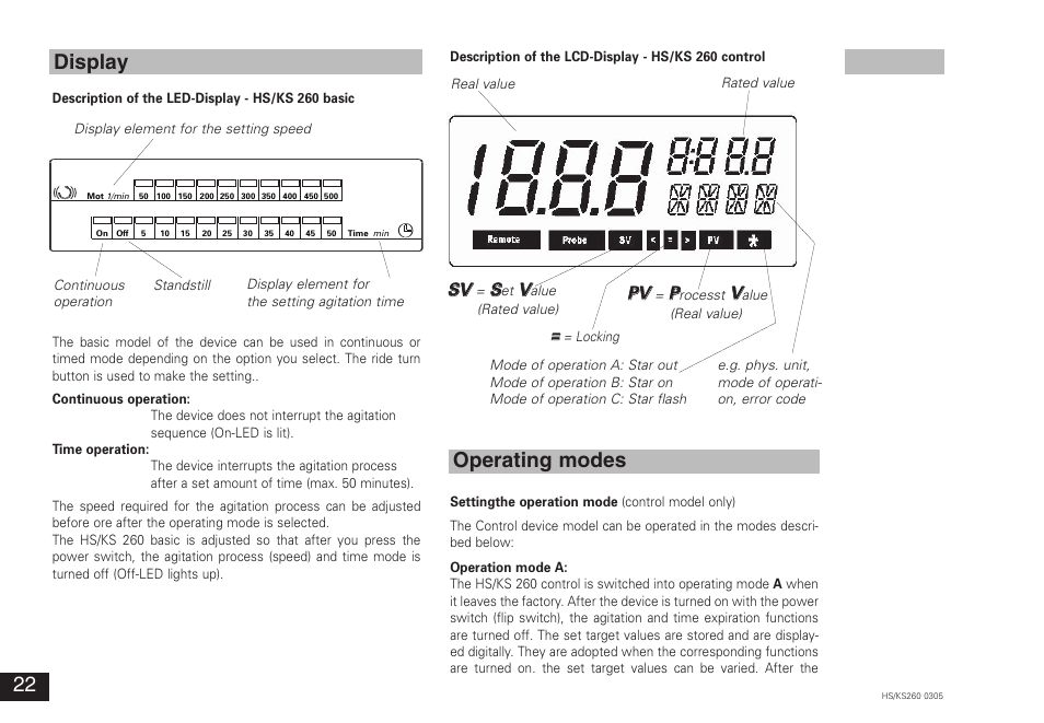 Display, Operating modes, Ssv v | Ppv v | IKA KS 260 control User Manual | Page 22 / 56