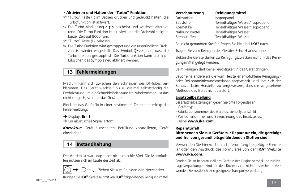 Fehlermeldungen 13, Instandhaltung 14 | IKA ULTRA-TURRAX Tube Drive control User Manual | Page 13 / 72