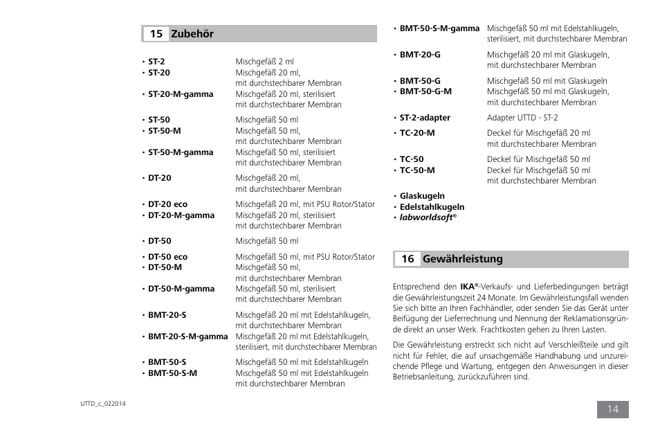 Zubehör 15, Gewährleistung 16 | IKA ULTRA-TURRAX Tube Drive control User Manual | Page 14 / 72