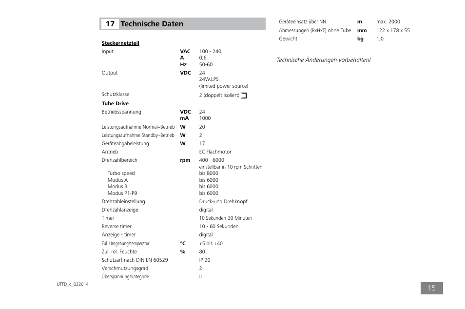 Technische daten 17 | IKA ULTRA-TURRAX Tube Drive control User Manual | Page 15 / 72