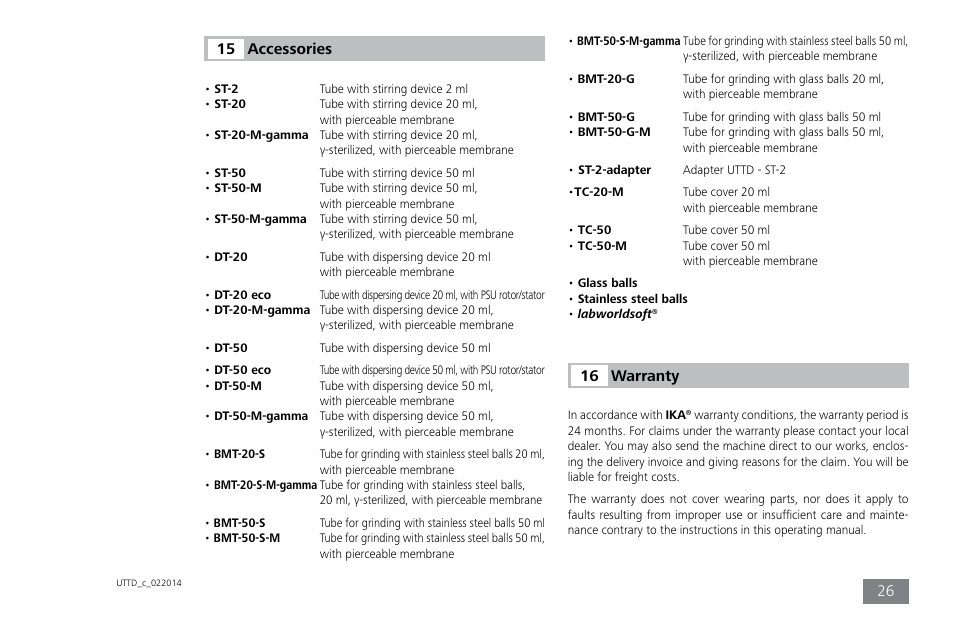 Accessories 15, Warranty 16 | IKA ULTRA-TURRAX Tube Drive control User Manual | Page 26 / 72