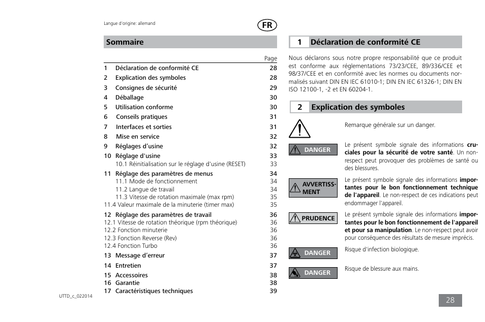 Sommaire, Déclaration de conformité ce, Explication des symboles | IKA ULTRA-TURRAX Tube Drive control User Manual | Page 28 / 72