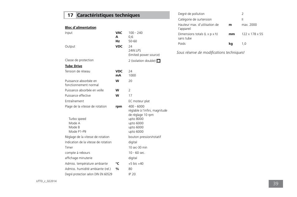Caractéristiques techniques 17 | IKA ULTRA-TURRAX Tube Drive control User Manual | Page 39 / 72