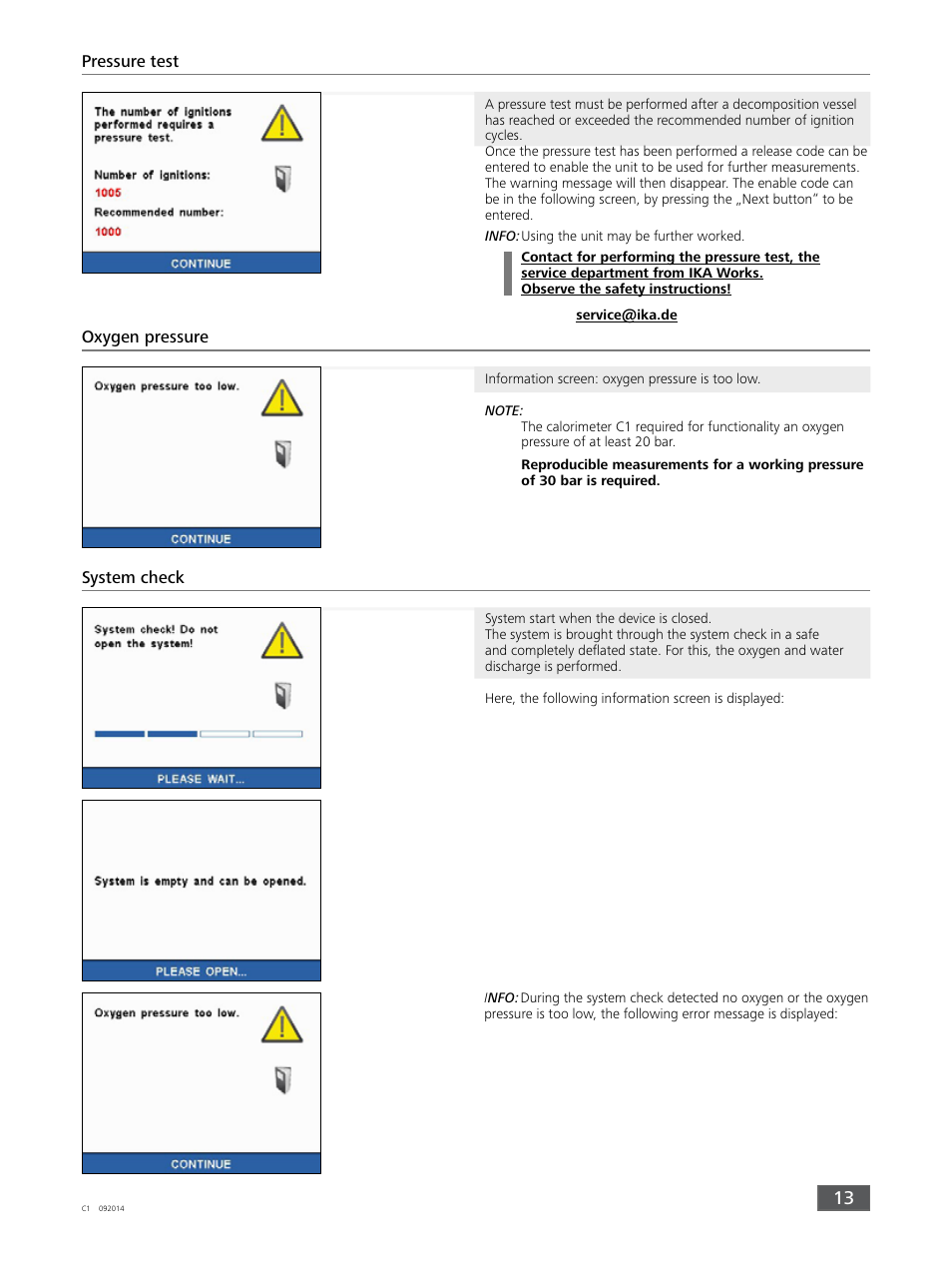 Pressure test oxygen pressure, System check | IKA C 1 Package 1/10 User Manual | Page 13 / 44