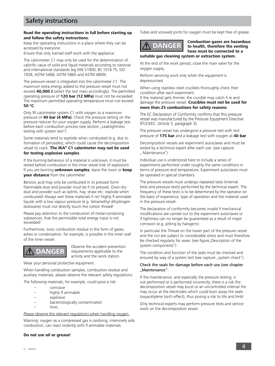 Danger, Safety instructions | IKA C 1 Package 1/10 User Manual | Page 4 / 44