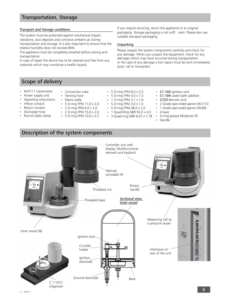 Transportation, storage, Scope of delivery, Description of the system components | Aa-a | IKA C 1 Package 1/10 User Manual | Page 6 / 44