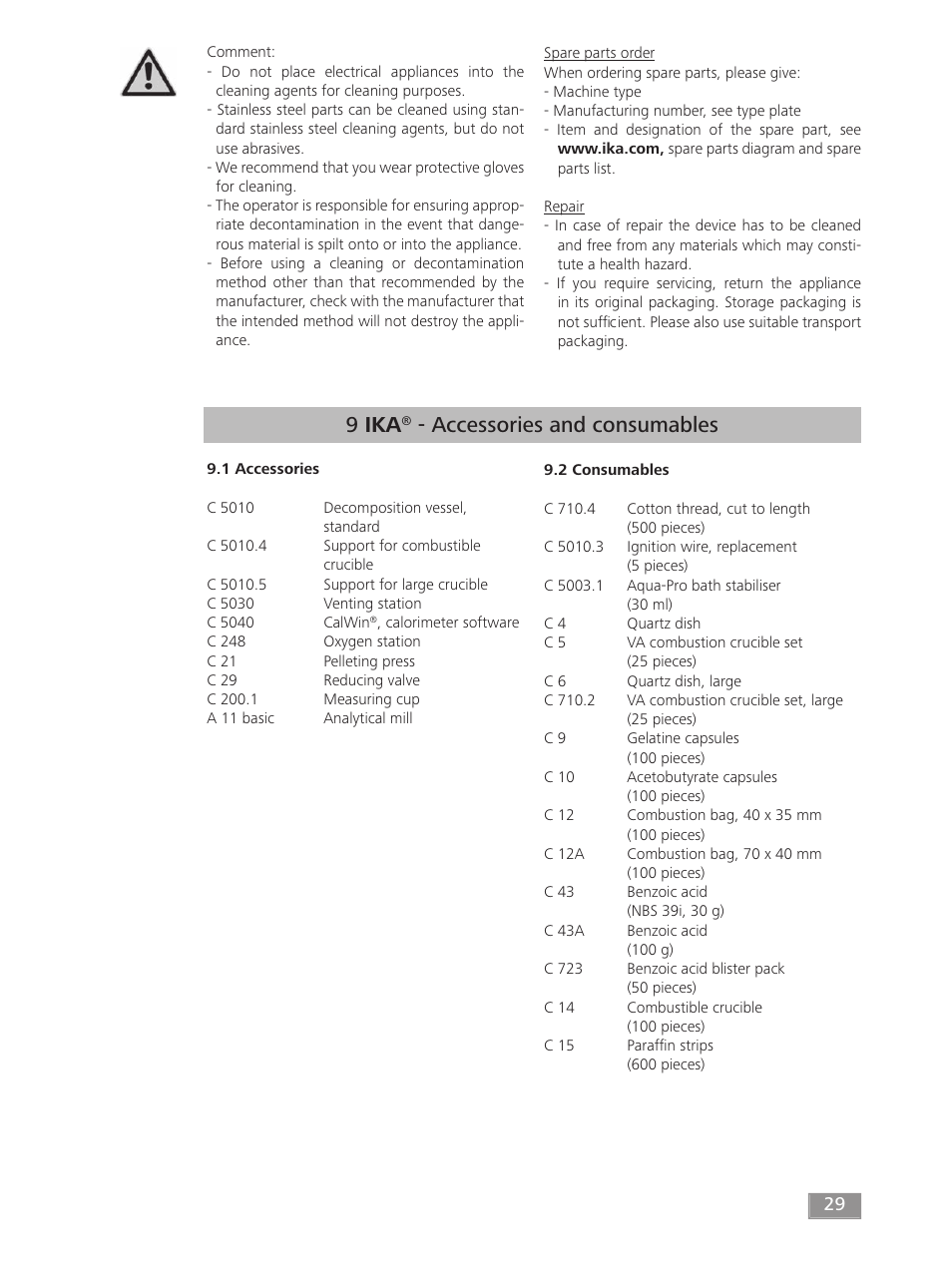 9 ika, Accessories and consumables | IKA C 200 User Manual | Page 29 / 32