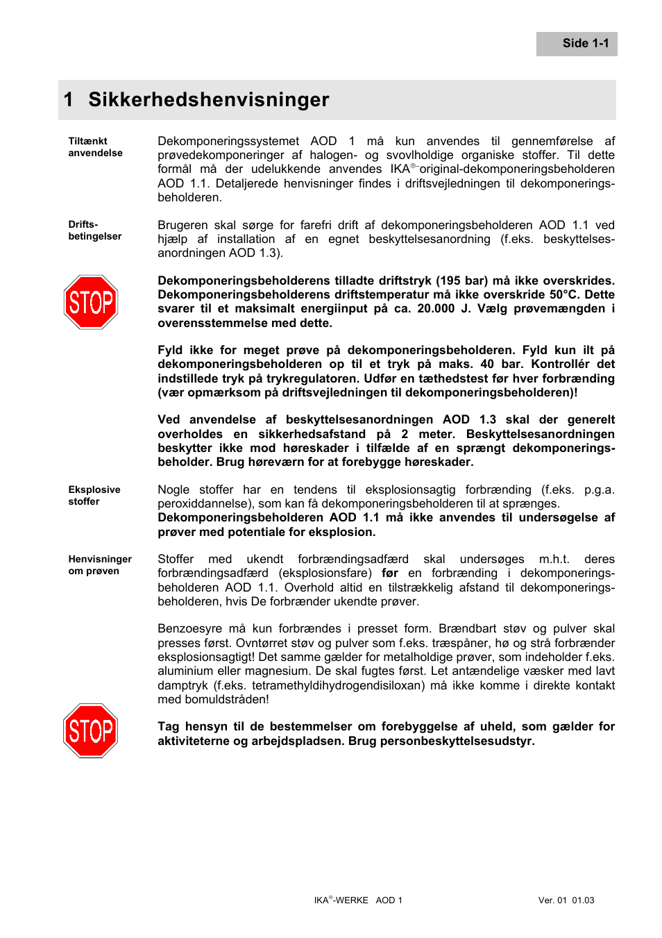 Sikkerhedshenvisninger ... dk, 1 sikkerhedshenvisninger | IKA AOD 1 User Manual | Page 105 / 142