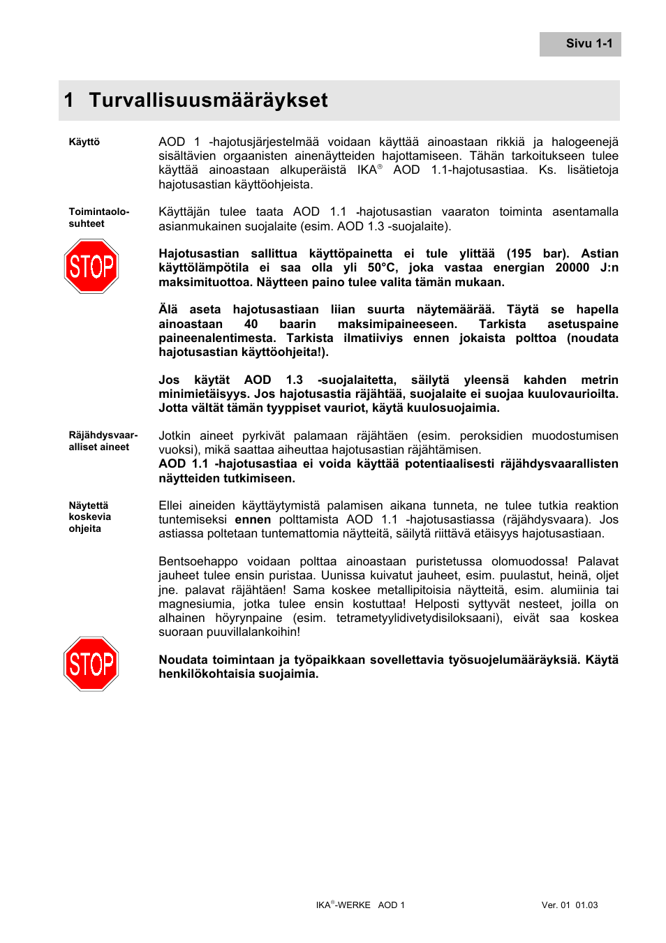 Turvallisuusmääräykset ... fin, 1 turvallisuusmääräykset | IKA AOD 1 User Manual | Page 113 / 142