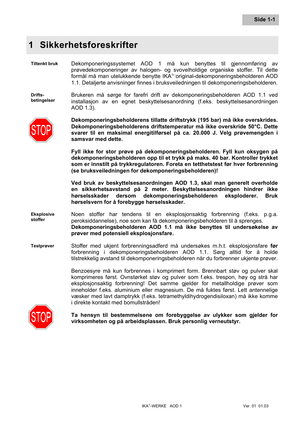 Sikkerhetsforeskrifter ... n, 1 sikkerhetsforeskrifter | IKA AOD 1 User Manual | Page 125 / 142