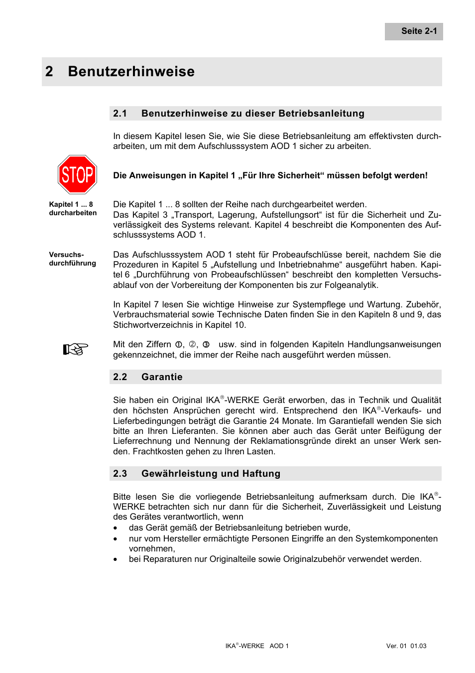 Benutzerhinweise, Benutzerhinweise zu dieser betriebsanleitung, Garantie | Gewährleistung und haftung, Benutzerhinweise -1, Benutzerhinweise zu dieser betriebsanleitung -1, Garantie -1, Gewährleistung und haftung -1, 2 benutzerhinweise | IKA AOD 1 User Manual | Page 13 / 142