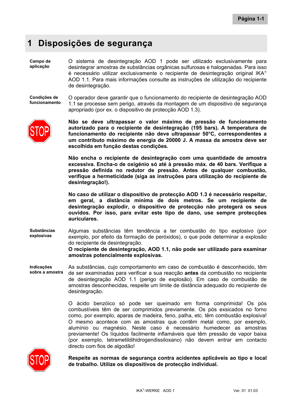 Disposições de segurança ... p, 1 disposições de segurança | IKA AOD 1 User Manual | Page 133 / 142