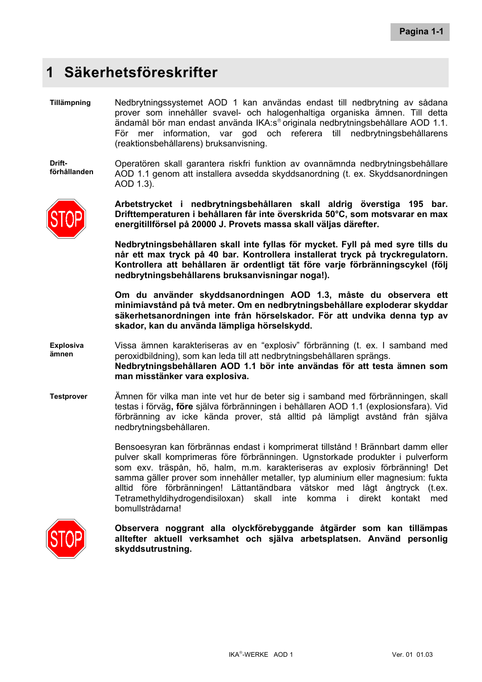 Säkerhetsföreskrifter ... s, 1 säkerhetsföreskrifter | IKA AOD 1 User Manual | Page 137 / 142