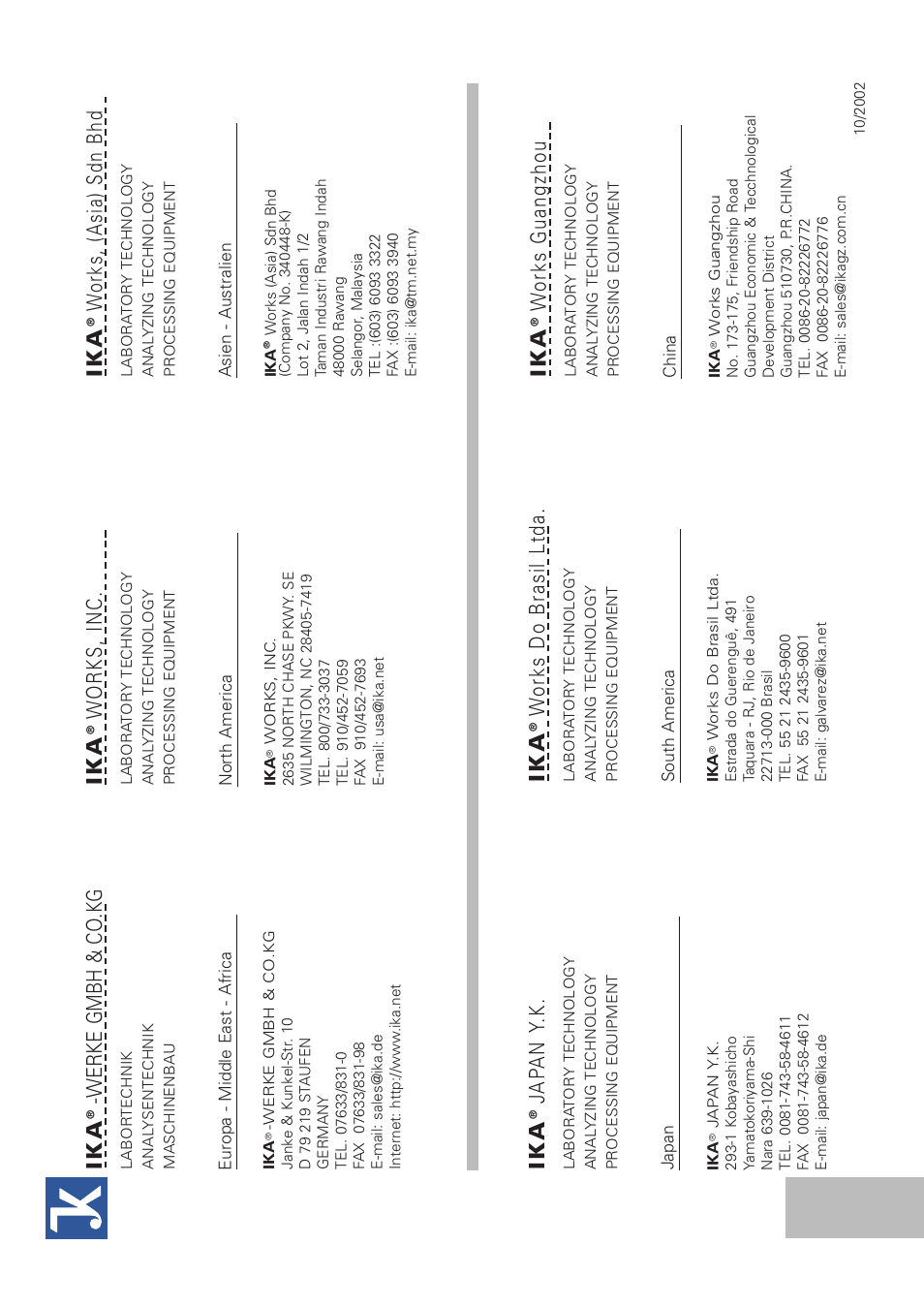 Werke gmbh & co.kg, Works, inc, Works, (asia) sdn bhd | Works do brasil ltda, Works guangzhou, Jap an y .k | IKA AOD 1 User Manual | Page 142 / 142